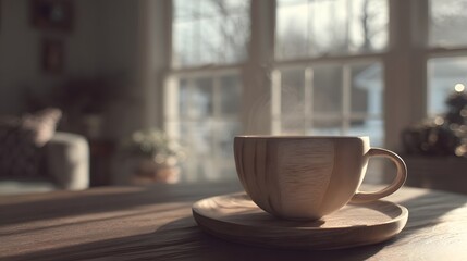 Warm light streams through the window, illuminating a steaming cup of coffee on a wooden table.