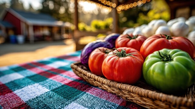 Fresh Farm Produce: Vibrant tomatoes and other fresh farm produce are artfully displayed in a rustic basket, capturing the essence of the bountiful harvest season.