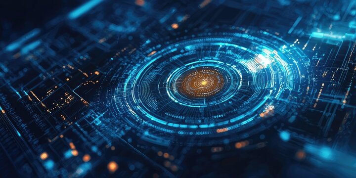 Futuristic tech wallpaper with rotating radar-style HUD elements Stock photo - Powered by Adobe