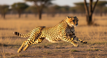 A majestic cheetah captured mid-leap, showcasing its incredible speed across the golden savanna.