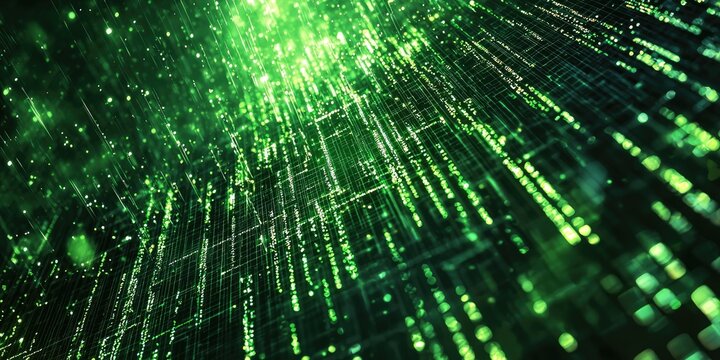 Green matrix code rain in a digital 3D perspective space Stock photo