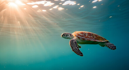 Obraz premium A graceful sea turtle swims through clear turquoise water as warm sun rays pierce the ocean surface.
