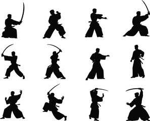 Martial arts silhouette collection, sword and empty hand poses, combat stance clipart, dynamic fighter movements, black PNG figures, training technique vector design.