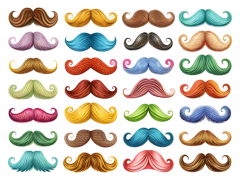  Collection of Mustache Styles: A Variety of Shapes and Colors isolated on white background PNG.AI Generated.