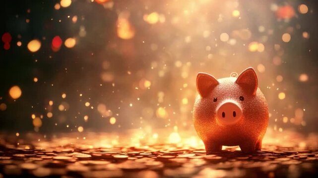 Glittering Piggy Bank Surrounded by Golden Coins and Sparkling Lights, Symbolizing Wealth and Prosperity 4k video footage
