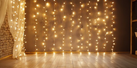 Minimalist room with warm white fairy lights hanging on the wall in festive shapes Stock photo