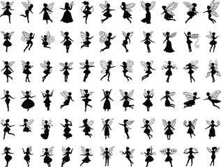 Fairy silhouette collection, flying fairies clipart, magical winged creatures, fantasy poses, black fairy PNG, whimsical sprites, enchanted figures, mystical dance, vector fairies.