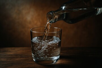Water is poured from a clear bottle into a glass, creating bubbles on a dark wooden table.