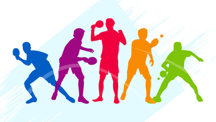 Colorful Table Tennis Player Silhouettes Background. Five player silhouettes in dynamic action poses set against a light abstract background with brush stroke effects.