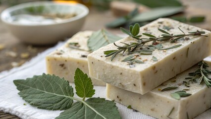 Herbal Soap with Natural Ingredients and Fresh Green Leaves