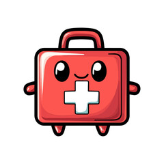 Fototapeta premium A cartoon-style first aid kit character with a happy face and a white cross. Ideal for health, safety, and medical websites or blogs to add a friendly touch to related content.