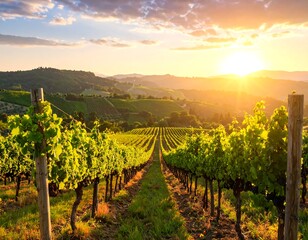 Naklejka premium Vineyard rows at sunset, sunbeams illuminating lush green vines and rolling hills