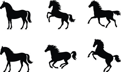 Horse silhouettes in various poses, standing, running, rearing, black horse shapes isolated on white, dynamic equine movement, graceful animal posture, silhouette illustration design.