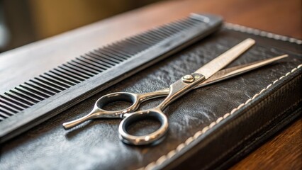 Hair Cutting Tools on Wooden Table, Scissors and Comb Display