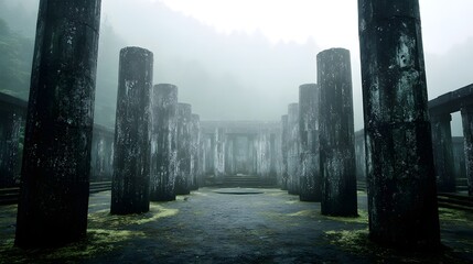 Ancient stone pillars in a misty, forgotten place.