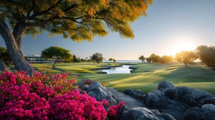 Stunning golf course landscape at golden hour