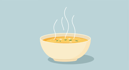 Simple illustration of bowl of hot soup with steam and herb garnish on light background