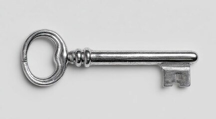 Polished metal key on plain background