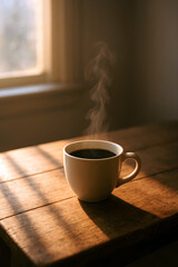 Warm Minimalist Coffee Scene with Morning Light