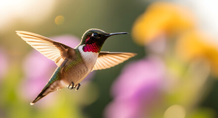 Naklejka premium A vibrant hummingbird in flight, showcasing its wings and a colorful throat patch, amidst blurred flowers.