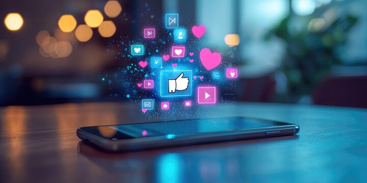 Social media marketing concept with likes, comments, and followers emerging from smartphone screen Stock photo