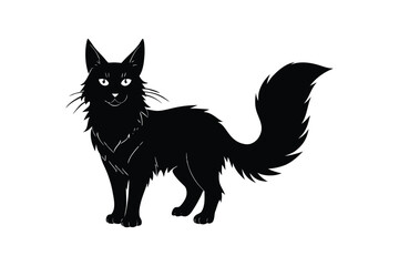 Silhouette art design illustration of a Maine Coon standing tall and bushy tail raised.eps