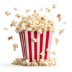 Popcorn in a striped container, with popcorn kernels flying