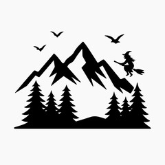 Obraz premium “A spooky Halloween-themed silhouette illustration, featuring a haunted house on a hill, a witch flying on a broom.halloween, house, night, moon, pumpkin.