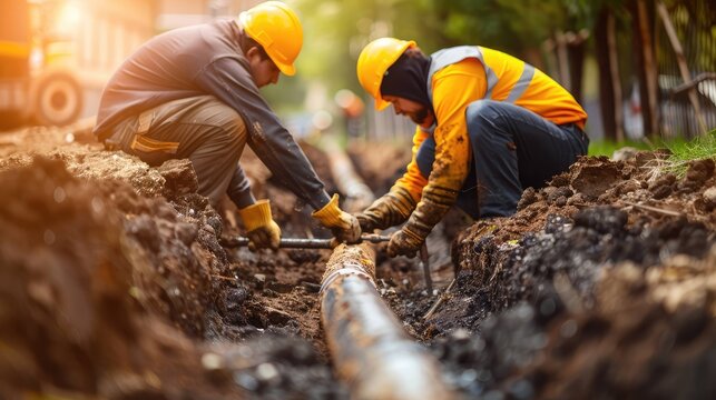 Two construction workers, one Asian man and one Hispanic man, are digging a trench to install a pipe. They wear safety helmets and orange vests in a green outdoor setting.