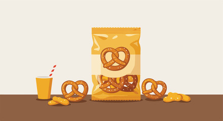 Snack time salty pretzels, a snack bag, a drink with straw are on a brown surface