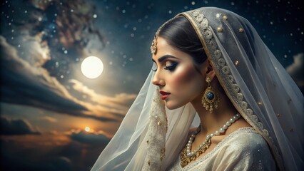 Serene Night Portrait: Woman in Elegant White Veil and Traditional Attire