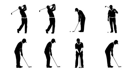 Black silhouettes of golfers in various poses on a white background show golf swings and stances