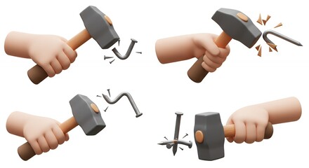 Cartoon hands using hammer on nails and hooks