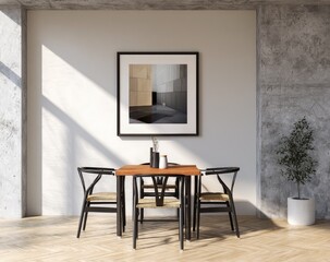 Minimalist dining area with framed art. Sunlight streams into a modern space featuring a wooden table and four black chairs surrounding it. A framed print hangs on a light-grey concrete wall
