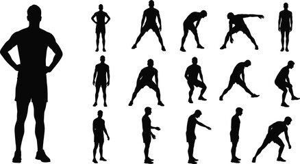 Silhouette vector illustration of athletic male figure in multiple standing and stretching poses, fitness human body form reference art.