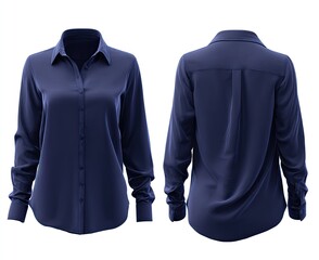 Navy blue, long-sleeve button-down blouse, front and back views