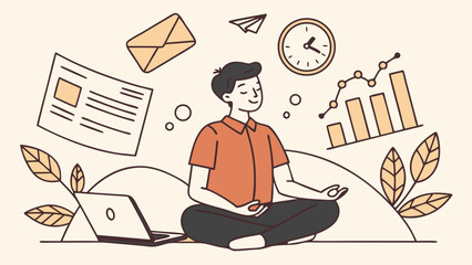 Meditating Man Surrounded by Business Elements and Laptop Illustration.