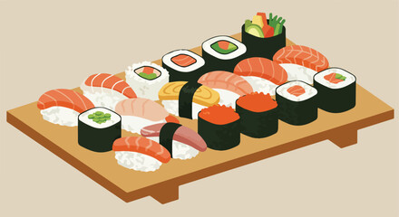 An array of sushi and maki on a wooden board, fresh, colorful and inviting view