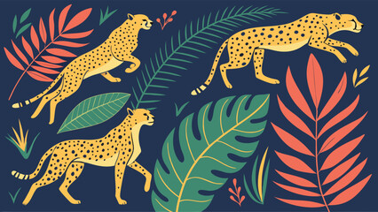 Obraz premium Stylized Cheetahs and Tropical Foliage in a Decorative Arrangement.