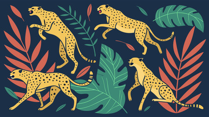 Obraz premium Stylized Cheetahs in a Jungle Setting with Tropical Foliage.