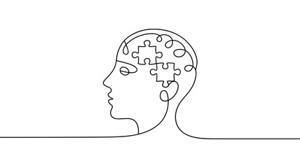 Human head with puzzle brain continuous line drawing vector illustration