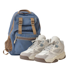 Fototapeta premium Pair of fresh sneakers next to backpack, ready for first day, white background --v 7.0 --raw --ar 1:1 --exp 10 --stylize 50 --no shadow --p fig9u4r
