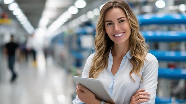 Warehouse Supervisor at Work: A competent supervisor smiles warmly, holding a tablet while overseeing a busy and active warehouse, epitomizing industry management and efficiency.