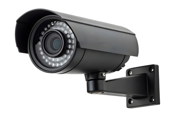 A black outdoor security camera with infrared lights is wall mounted for constant surveillance and protection, isolated on a transparent background. PNG.