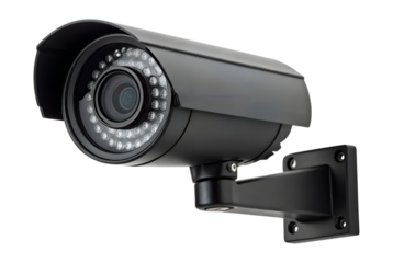 A black outdoor security camera with infrared lights is wall mounted for constant surveillance and protection, isolated on a transparent background. PNG.