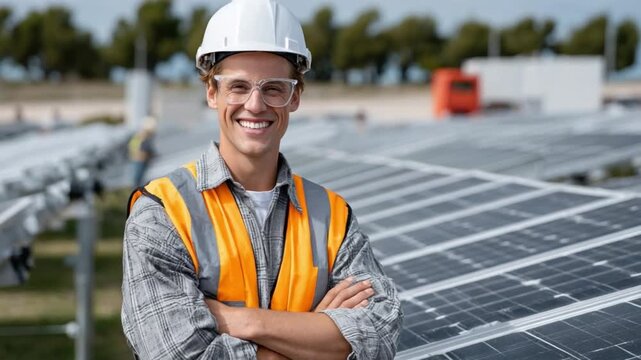 Solar Engineer's Confidence: A skilled engineer, clad in a safety vest and hard hat, exudes assurance while surveying a vast array of solar panels in the context of a sunny setting