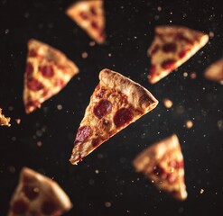 Pizza slices in mid-air against a dark background