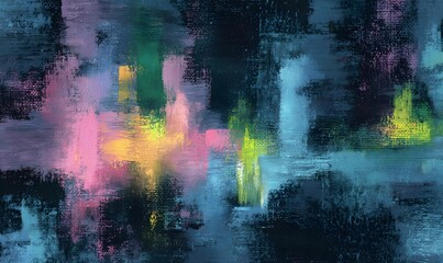 Fototapeta premium an abstract painting, dark colours, prussian blue, neon pink and neon green accents