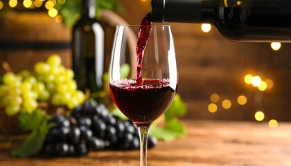 Red wine pouring into glass with grapes and bottle still life stock photo download now free