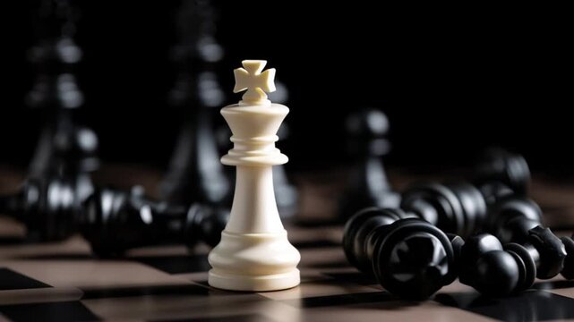Close-up of a White King Chess Piece on a Dark Chessboard Surrounded by Black Pieces, Capturing the Intensity of a Strategic Game of Chess